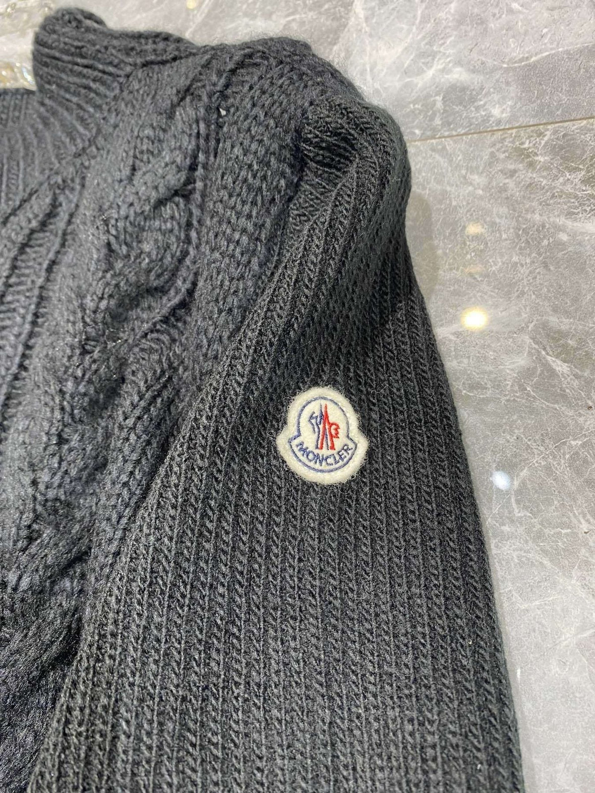 Moncler Belted Padded Panel Cable-Knit Sweater — detail