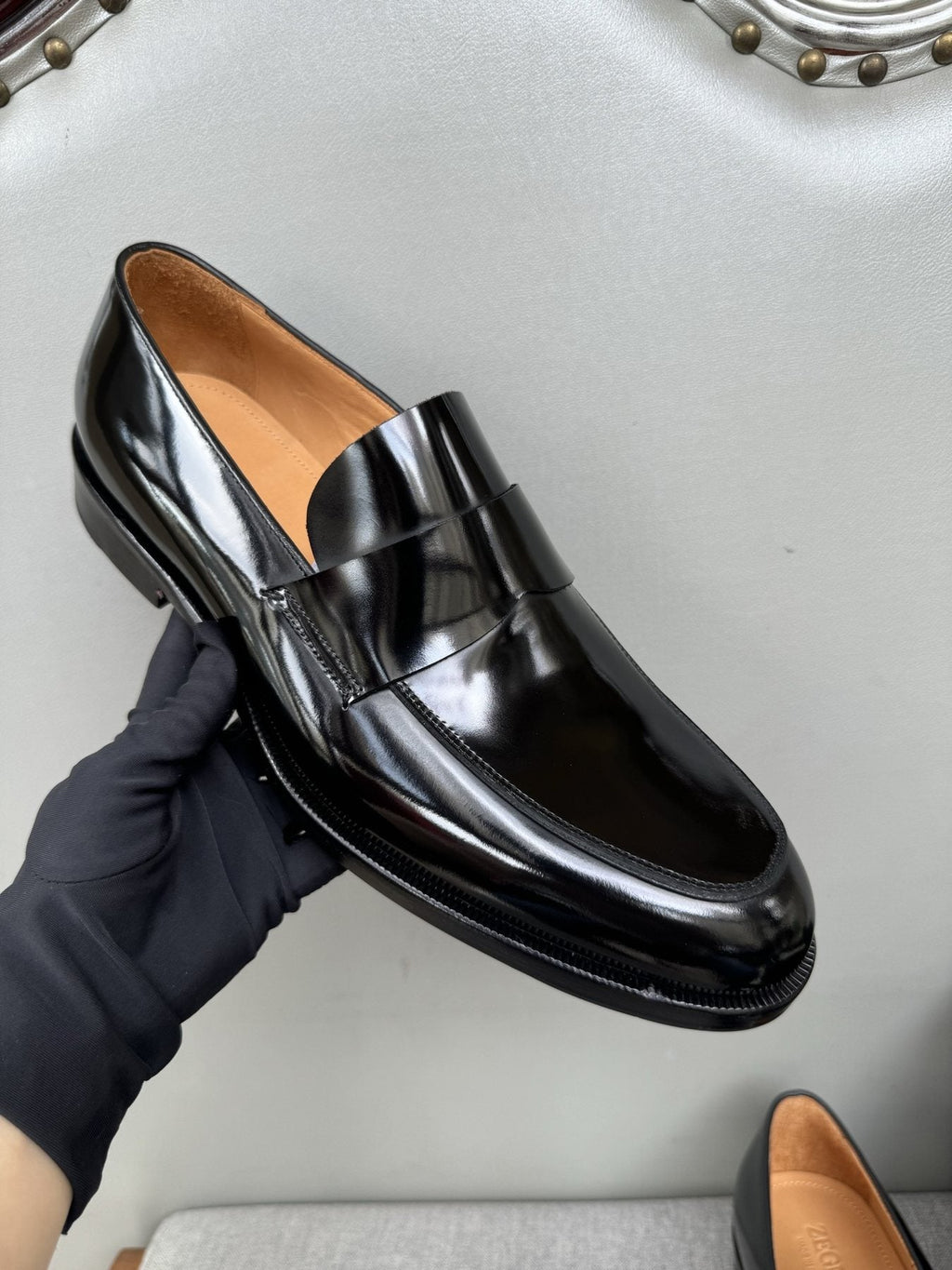 Zegna Glossy Black Leather Loafers — side
