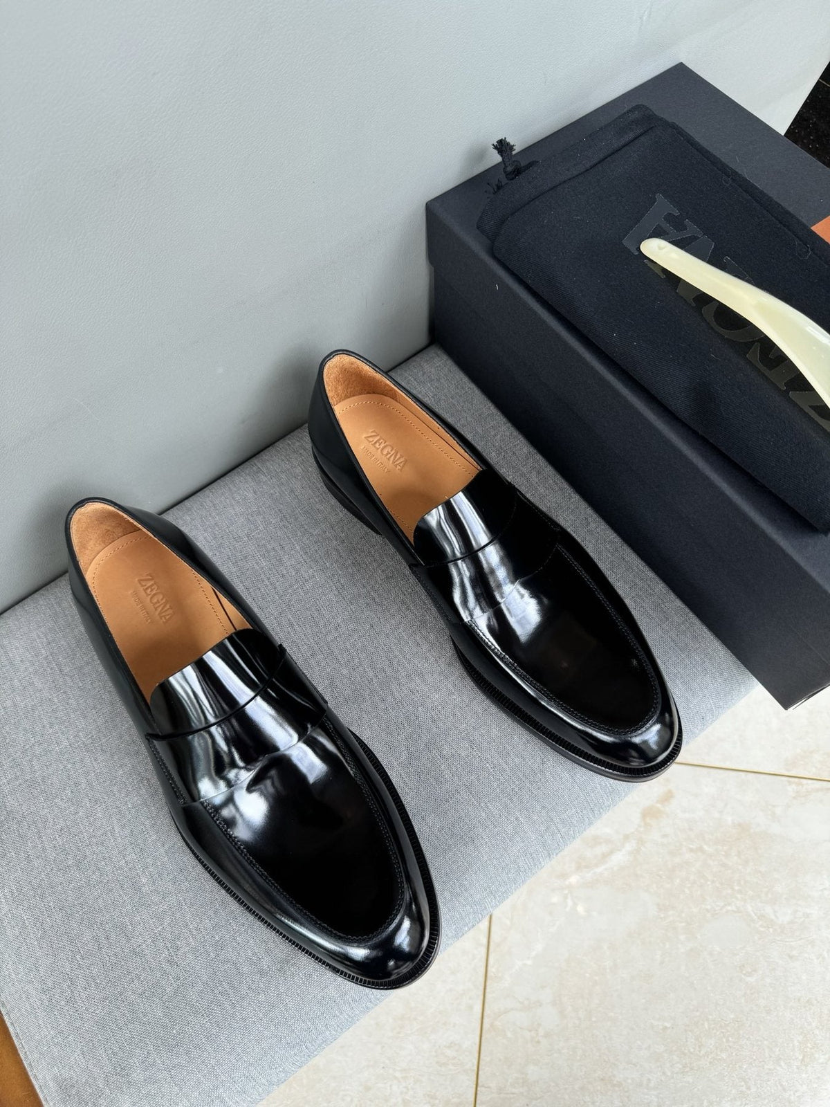 Zegna Glossy Black Leather Loafers — front