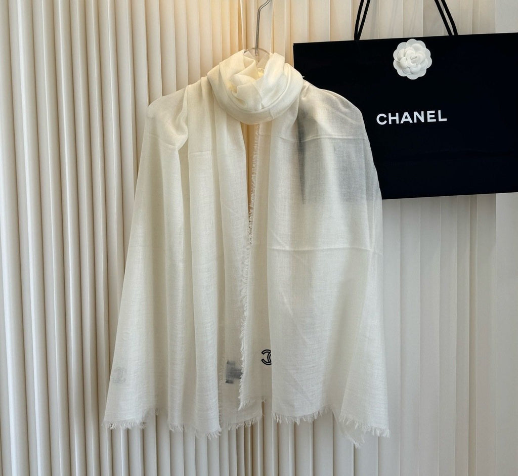 Chanel Ivory Fringed Cashmere Scarf — hero