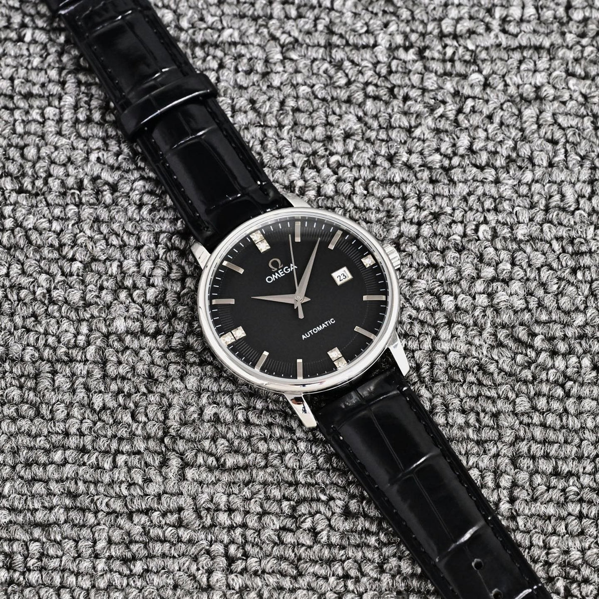 Omega Black Silver Dial Leather Strap Watch — front