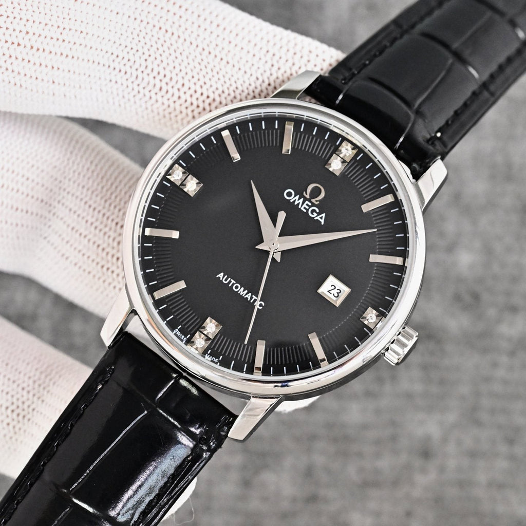 Omega Black Silver Dial Leather Strap Watch — front