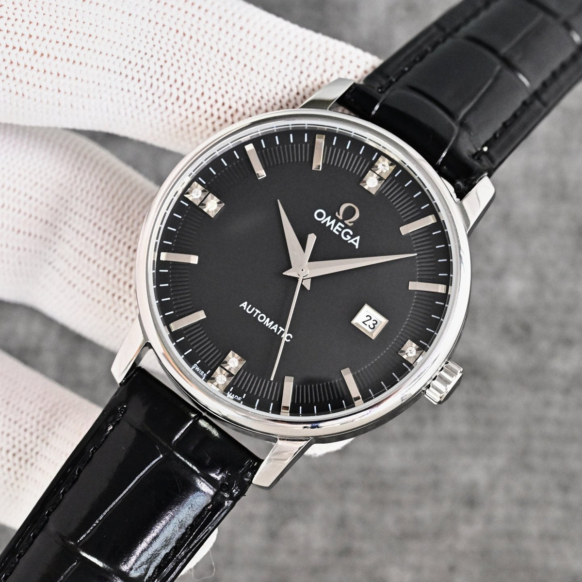 Omega Black Silver Dial Leather Strap Watch — front