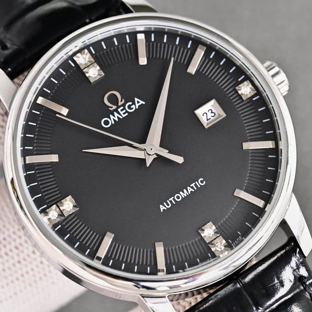 Omega Black Silver Dial Leather Strap Watch — front