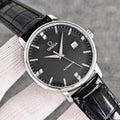 Omega Black Silver Dial Leather Strap Watch — front