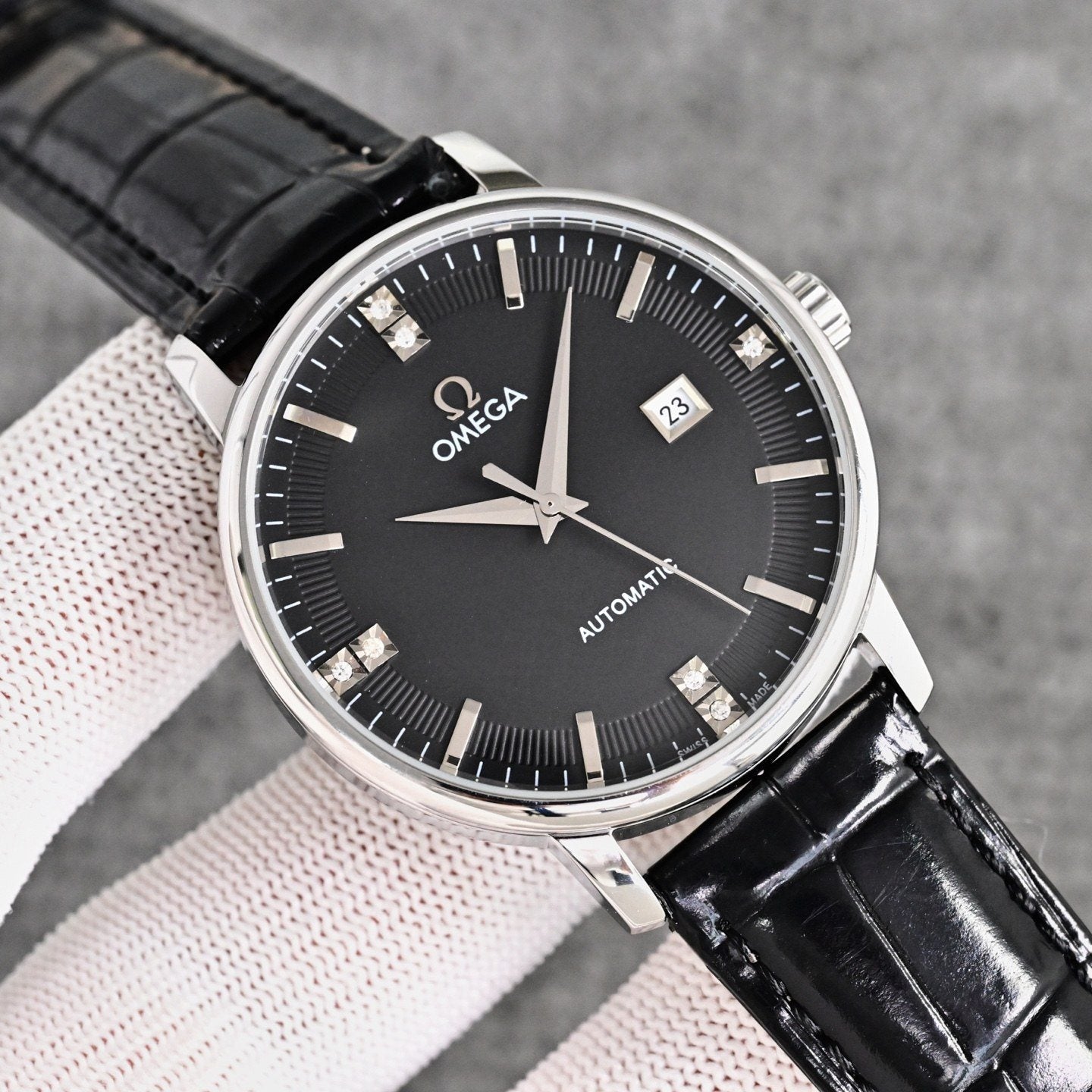Omega Black Silver Dial Leather Strap Watch — front