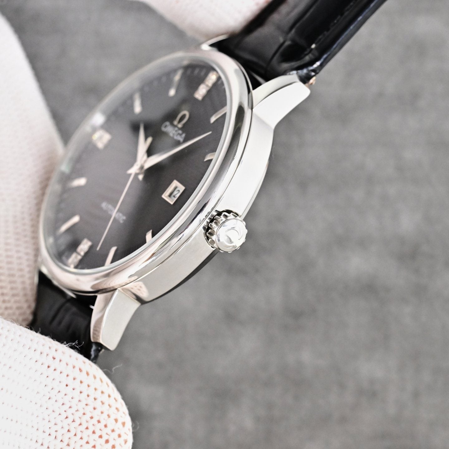 Omega Black Silver Dial Leather Strap Watch — side