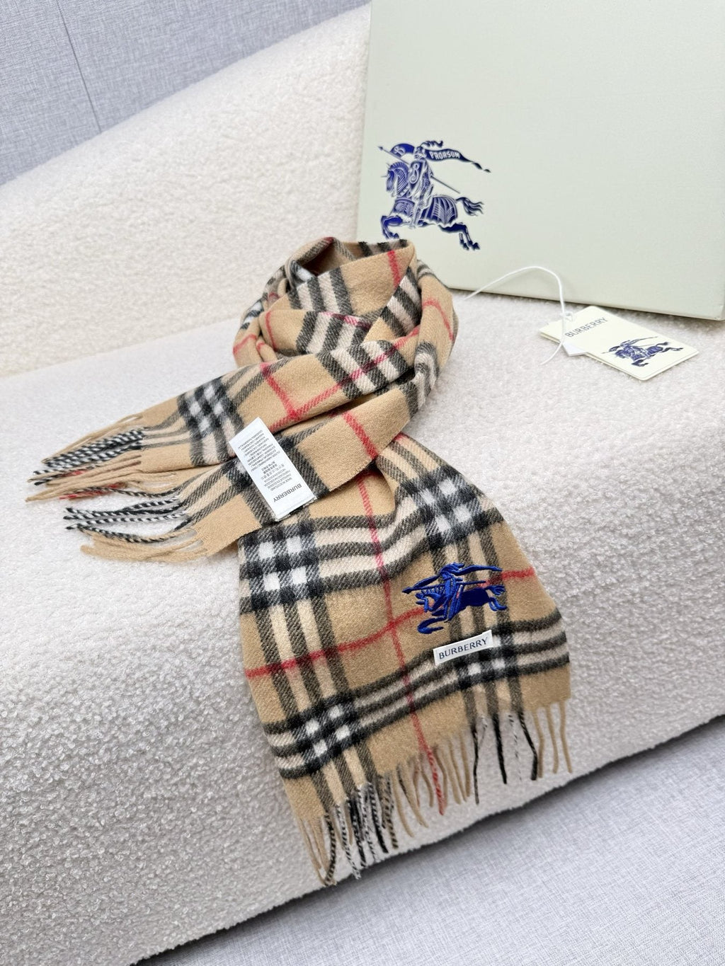 Burberry Beige Check Fringed Scarf — side