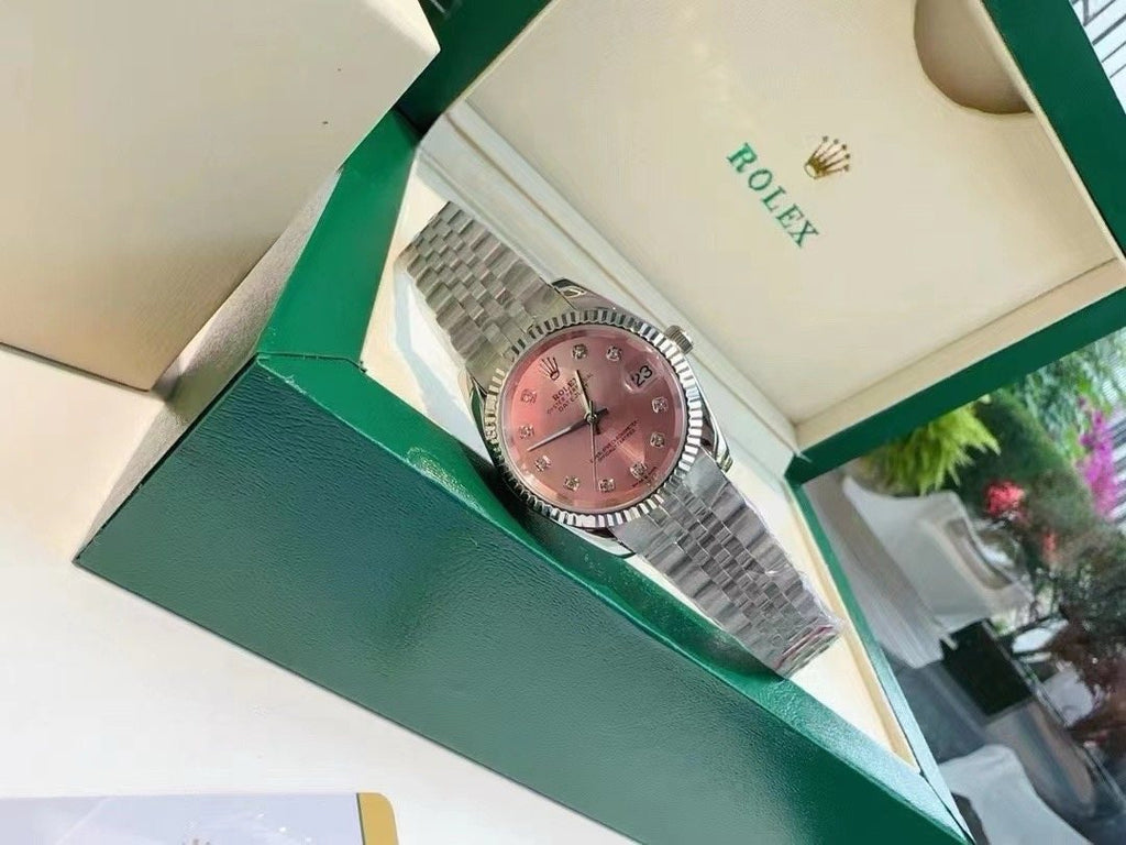 Rolex Pink Dial Silver Bracelet Watch — hero
