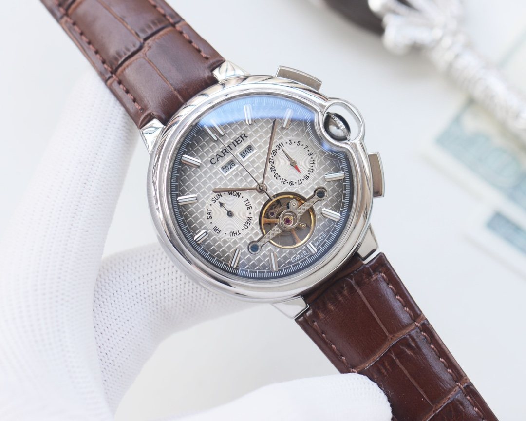 Cartier Brown Silver Dial Leather Strap Watch — hero