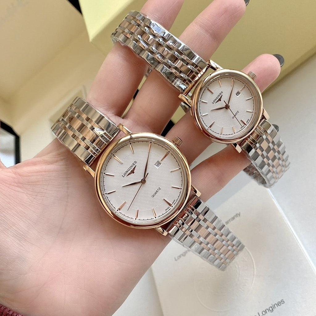 Longines Rose Gold Silver Bracelet Couple Watch Set — front