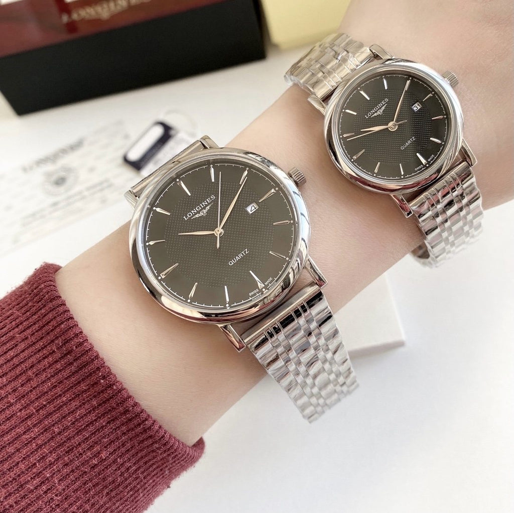 Longines Silver Rose Gold Black Dial Bracelet Couple Watch Set — hero