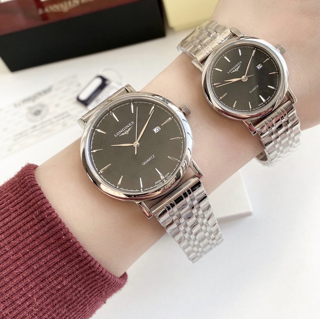 Longines Silver Rose Gold Black Dial Bracelet Couple Watch Set — hero