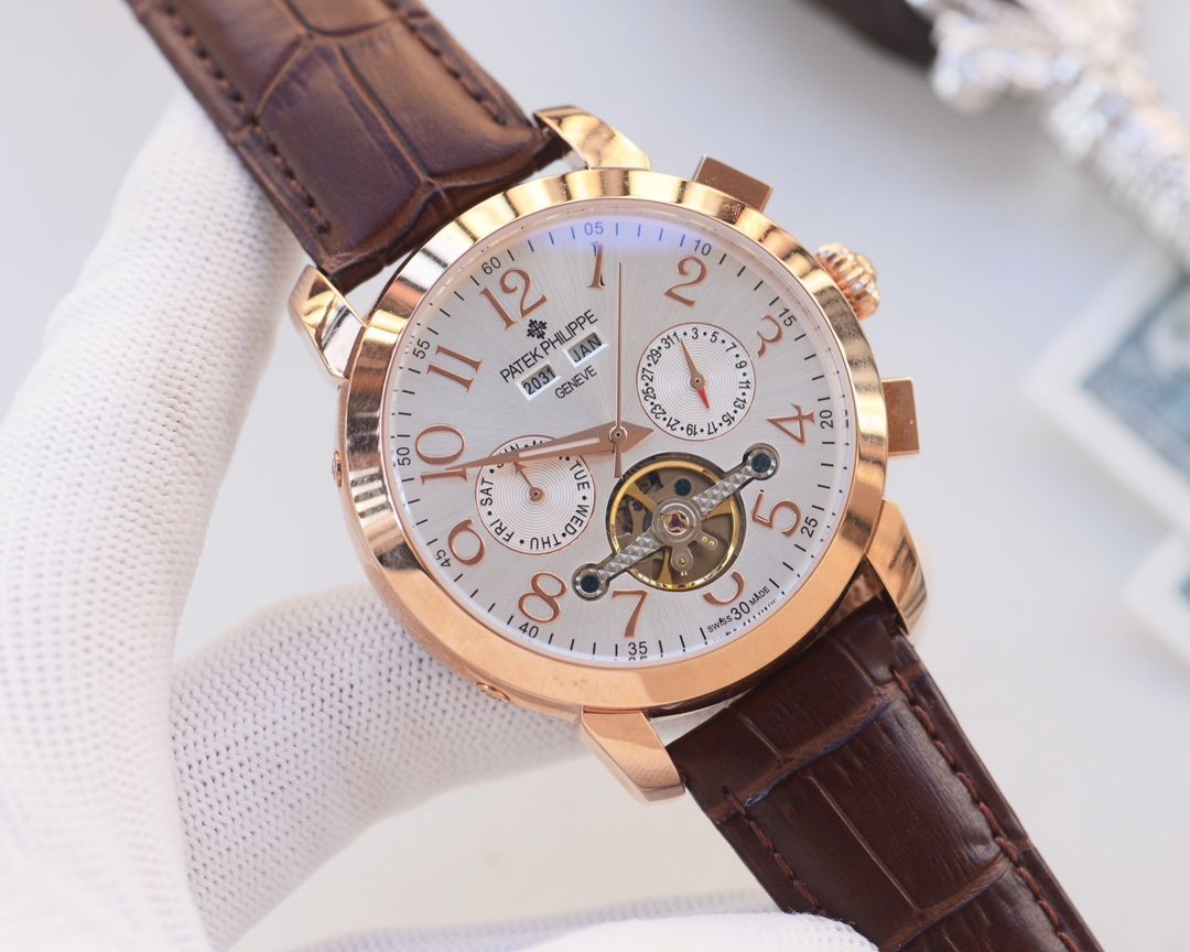 PATEK PHILIPPE Rose Gold Brown White Dial Strap Watch — hero