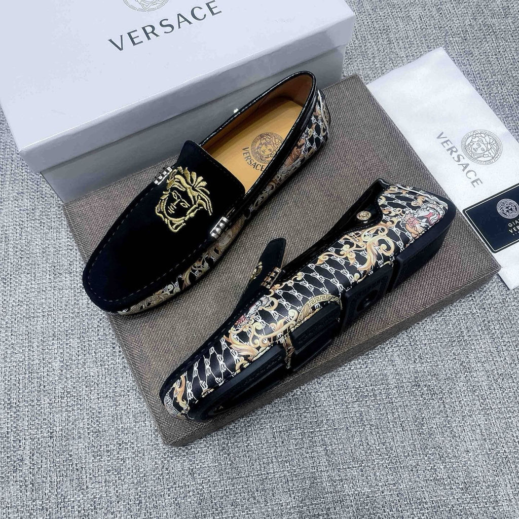 Versace Black Patterned Side Loafers — side