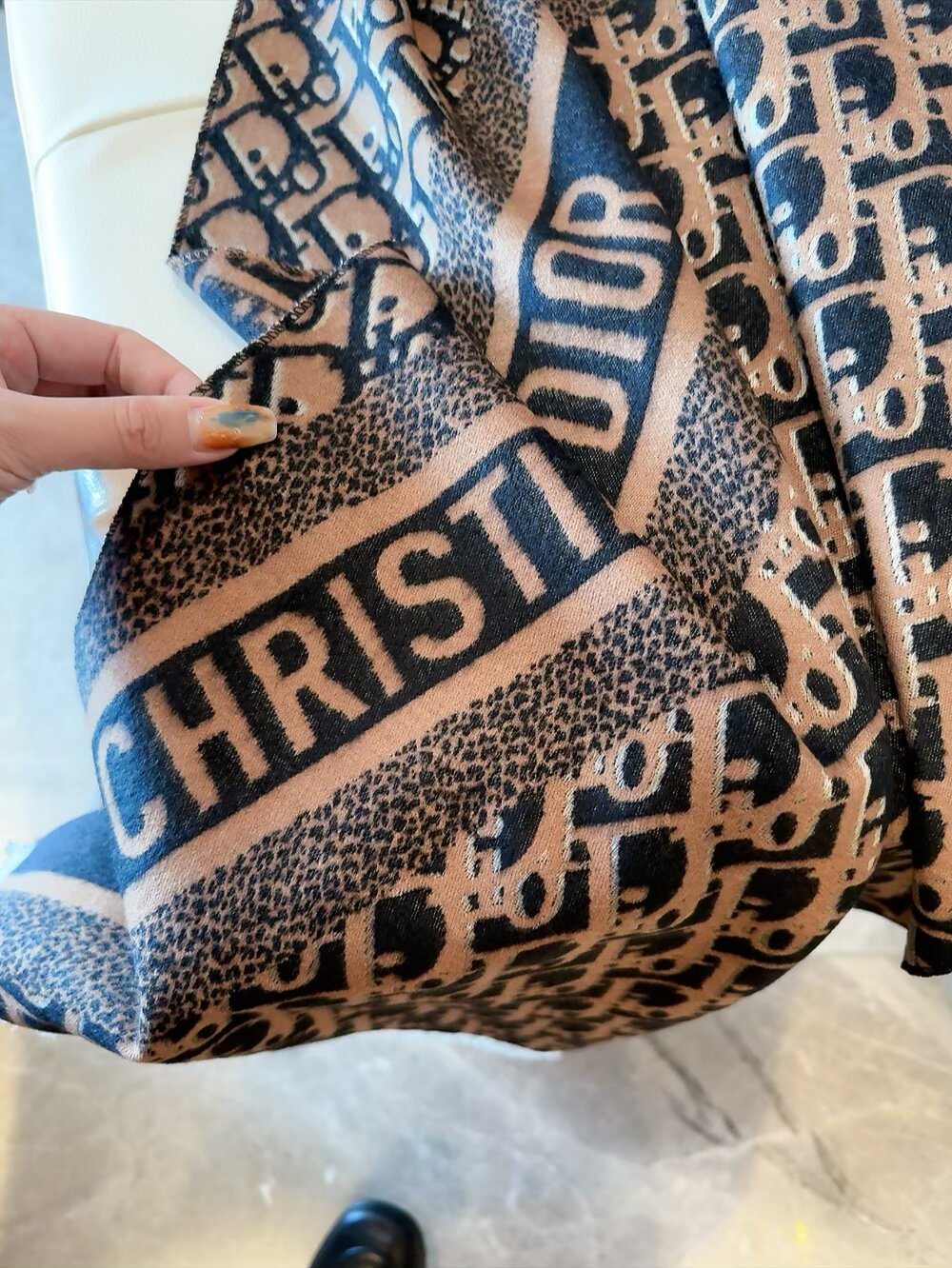 Dior Brown & Beige Fringed Scarf Shawl — detail