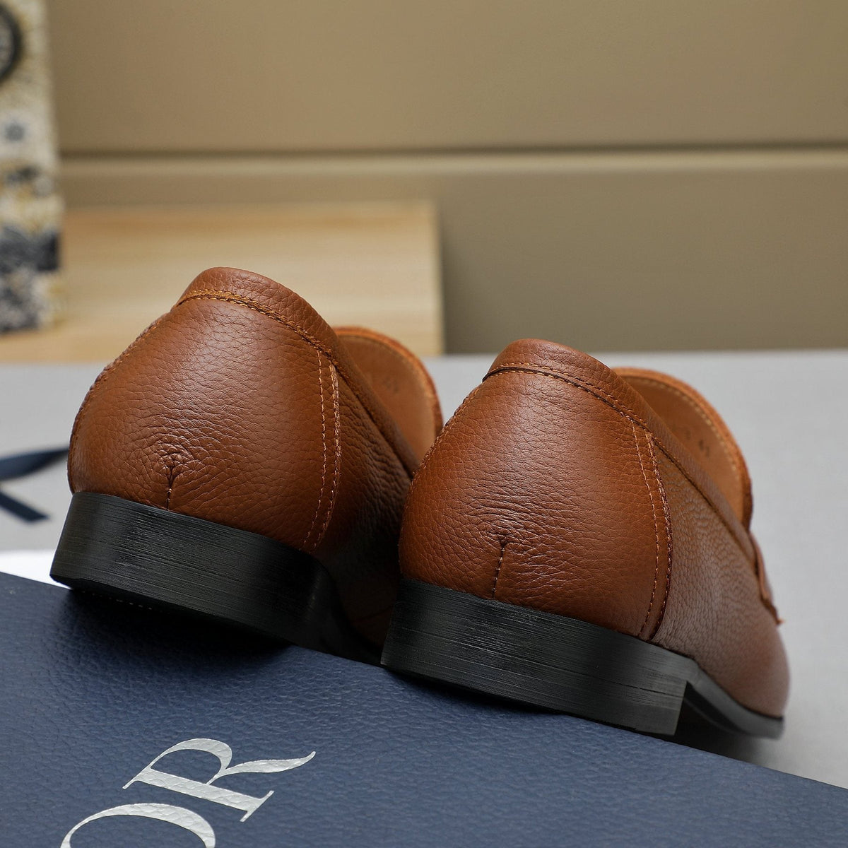 Dior Cognac Brown Pebbled Men's Loafers — back