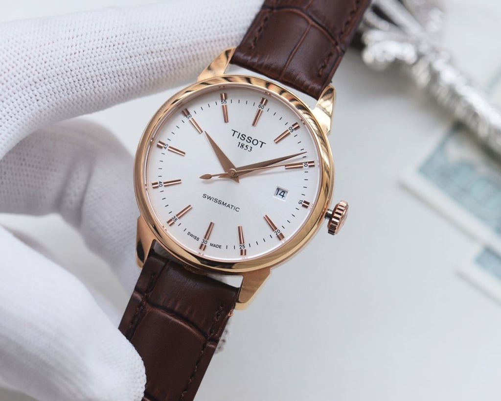 Tissot Rose Gold Brown White Dial Strap Watch — hero