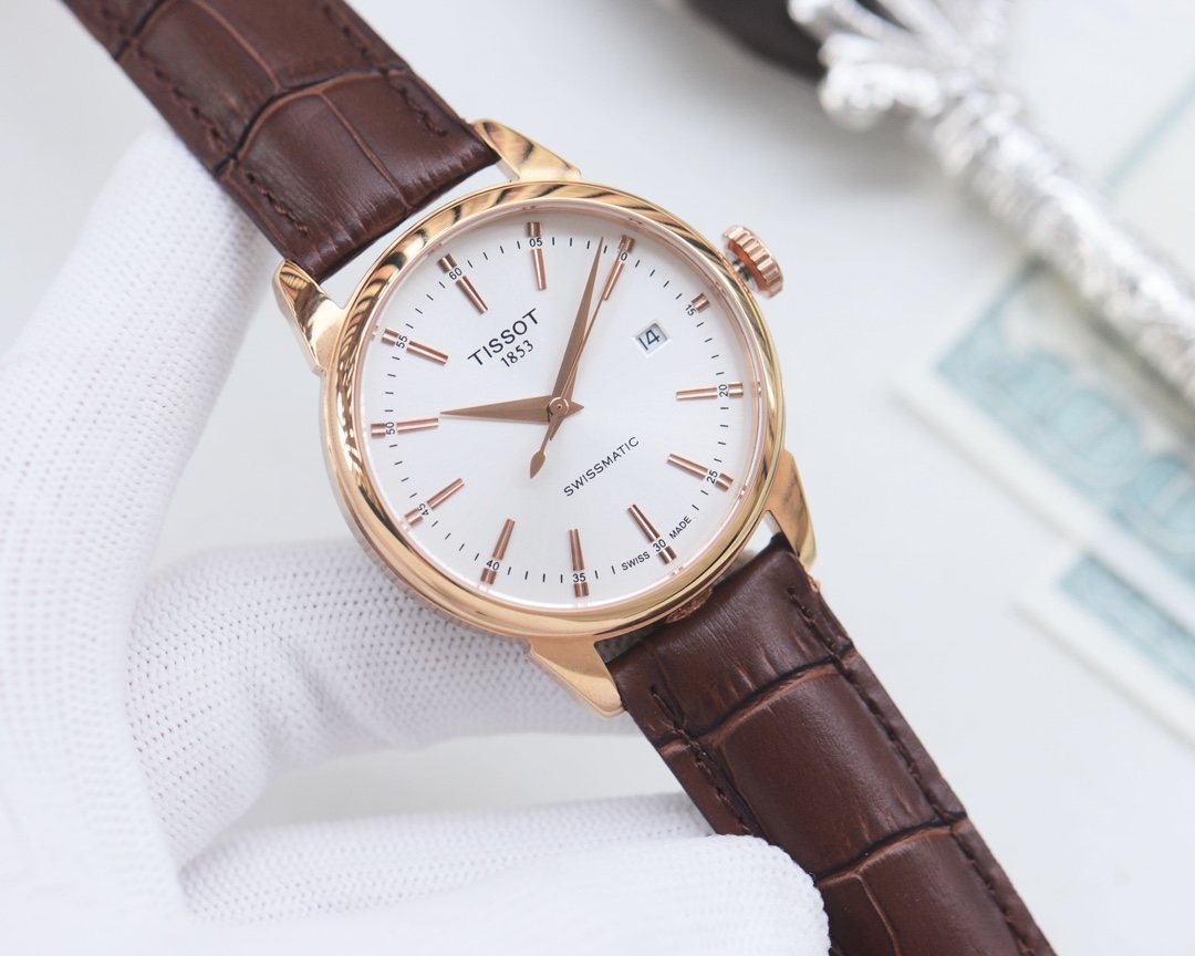 Tissot Rose Gold Brown White Dial Strap Watch — front