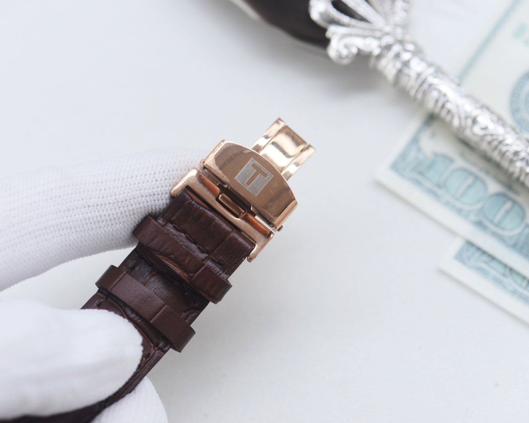 Tissot Rose Gold Brown White Dial Strap Watch — detail