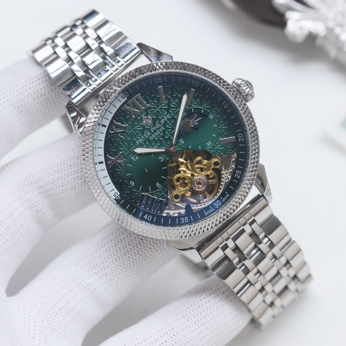 Patek Philippe Silver Green Dial Bracelet Watch — hero