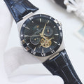 Patek Philippe Blue Silver Black Dial Leather Strap Watch — hero