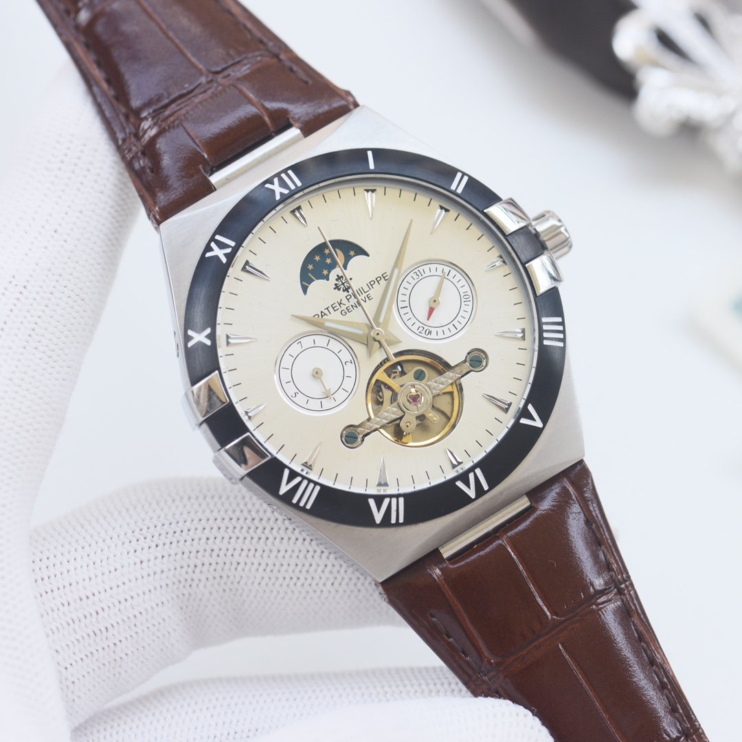 Patek Philippe Brown Silver Leather Strap Watch — hero