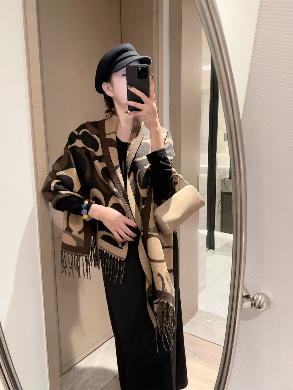 Coach Reversible Geometric Fringe Scarf — model