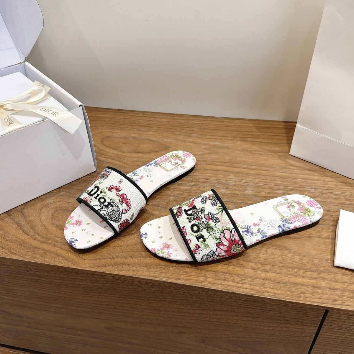 Dior Floral Embroidered Slide Sandals — side