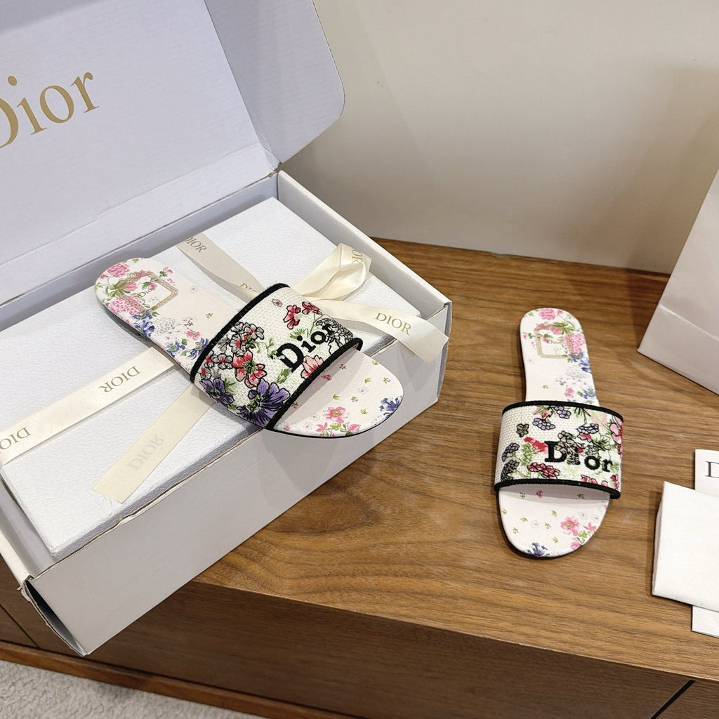 Dior Floral Embroidered Slide Sandals — front