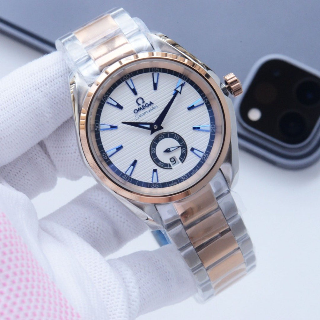 Omega Rose Gold Silver White Dial Bracelet Watch — front