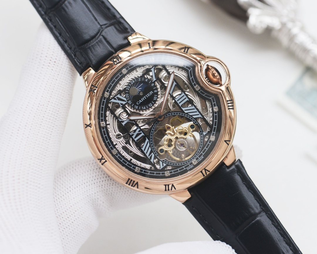 Cartier Rose Gold Black Leather Strap Watch — hero