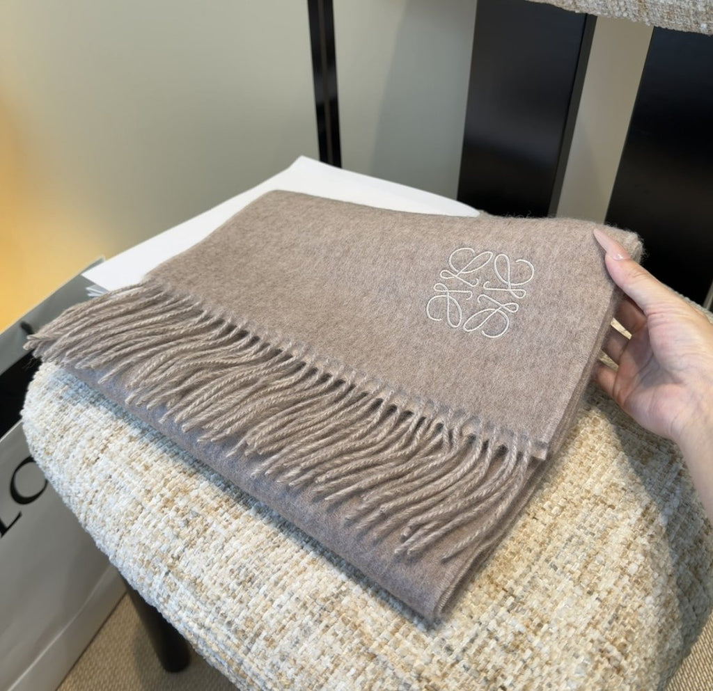 Loewe Taupe Gray and Light Beige Fringed Scarf — side