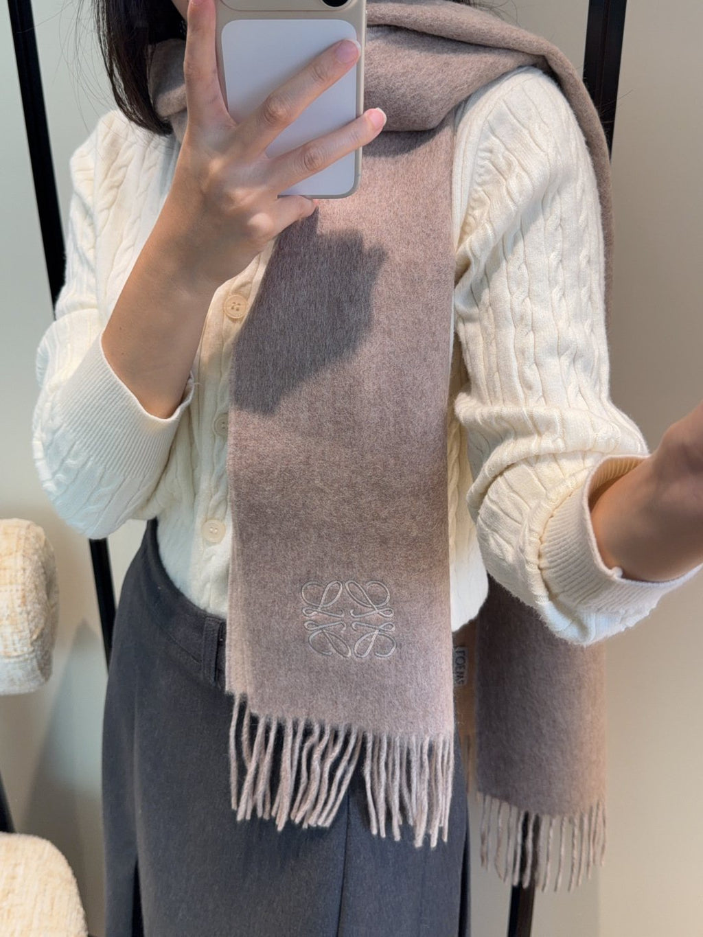 Loewe Taupe Gray Fringed Scarf — model