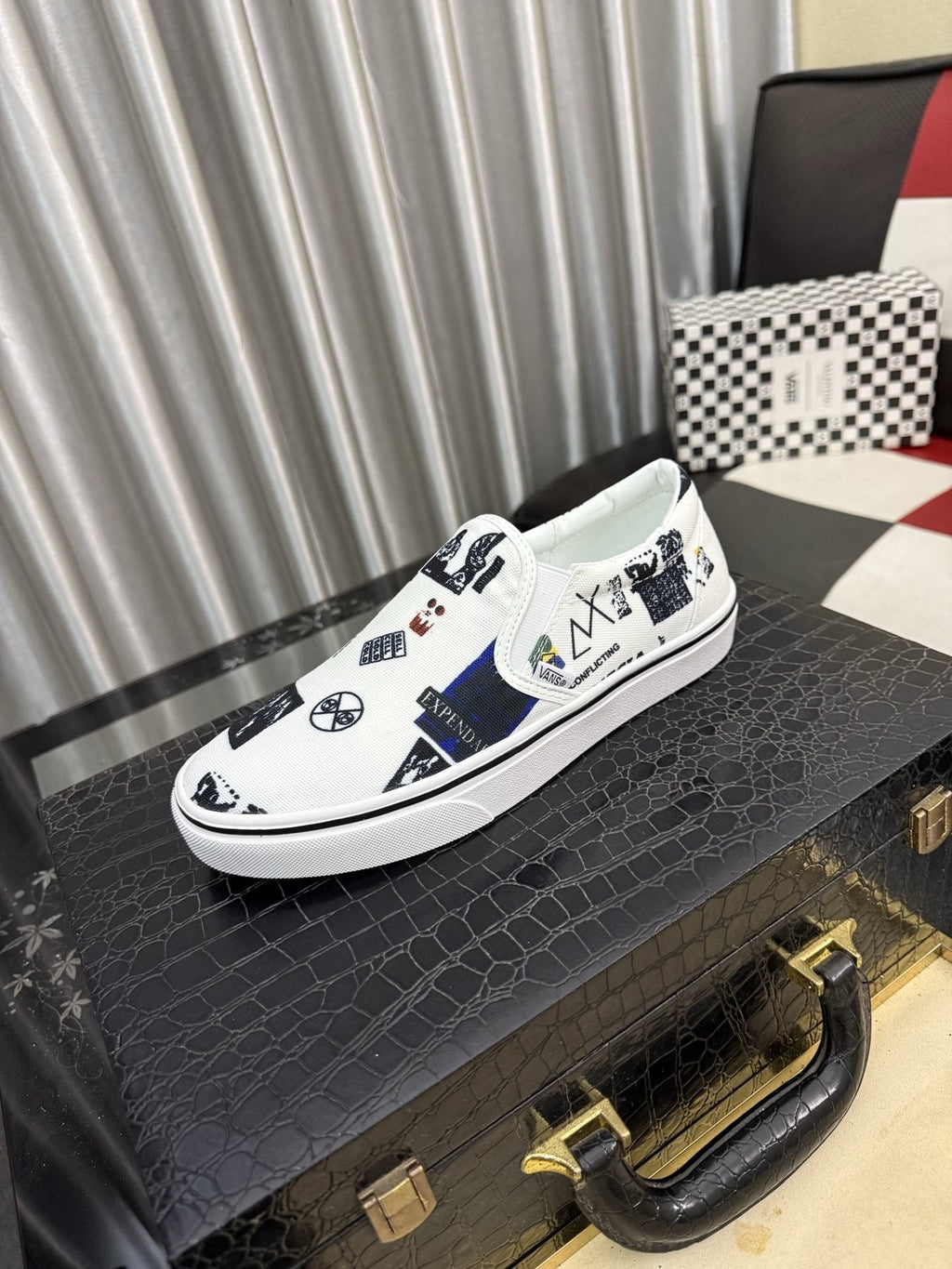 White Graphic Print Slip-On Shoes — front