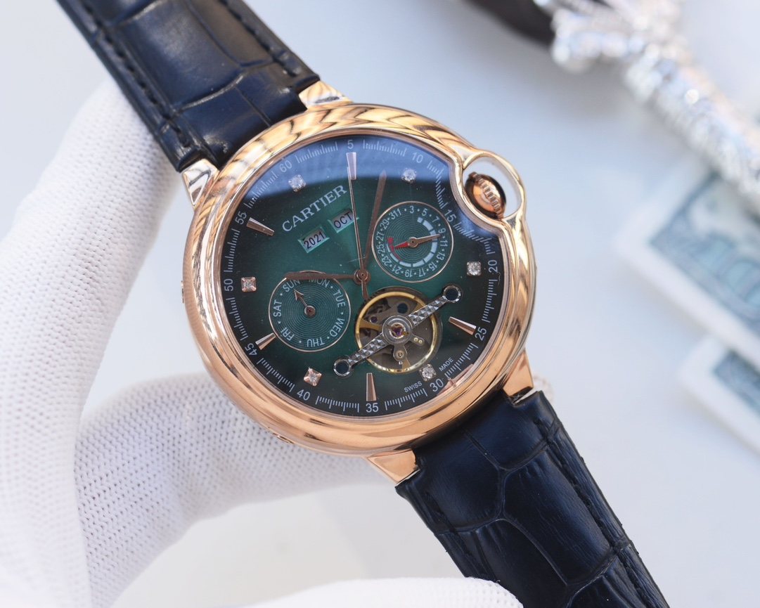Cartier Rose Gold Blue Green Dial Leather Strap Watch — hero