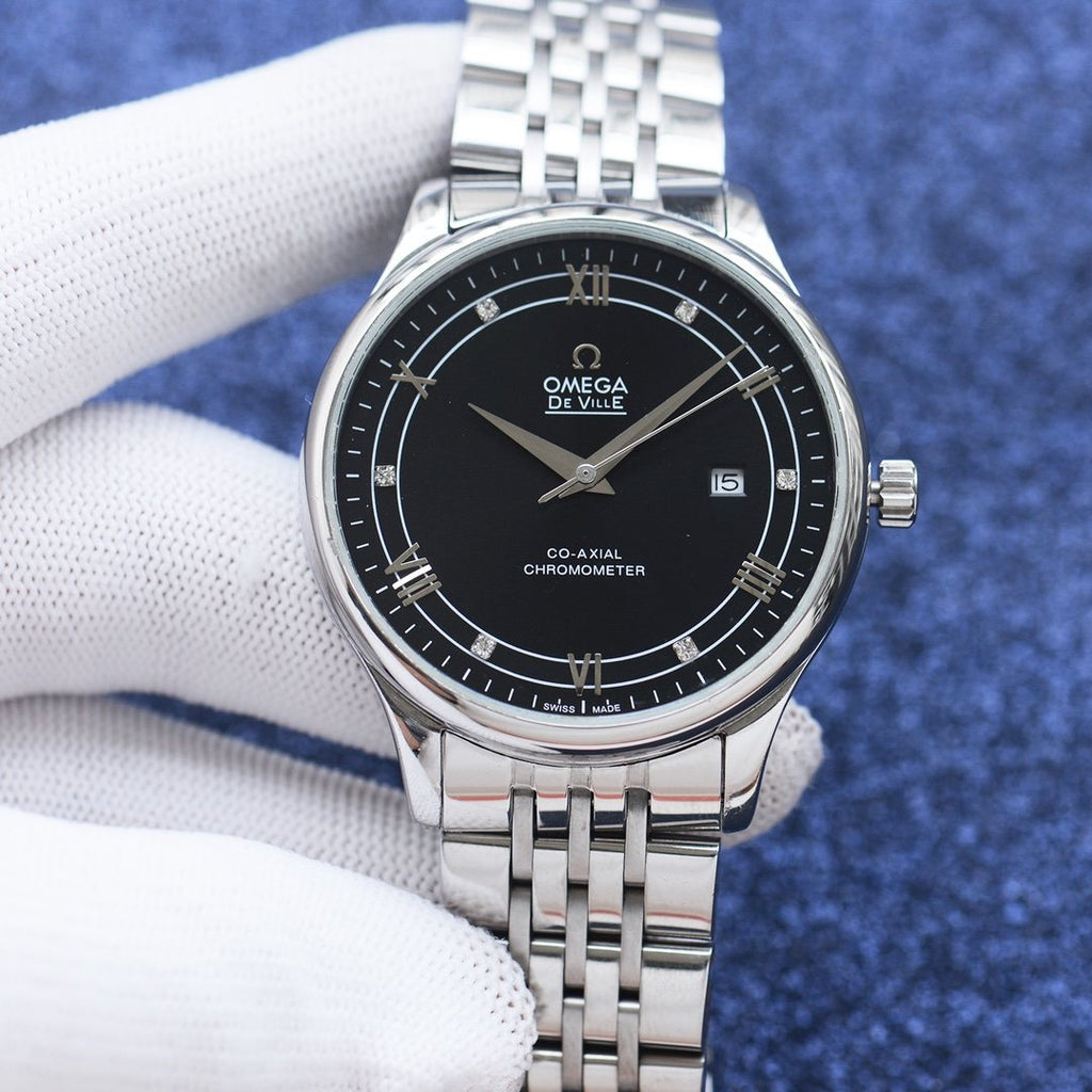 Omega Silver Black Dial Bracelet Watch — front