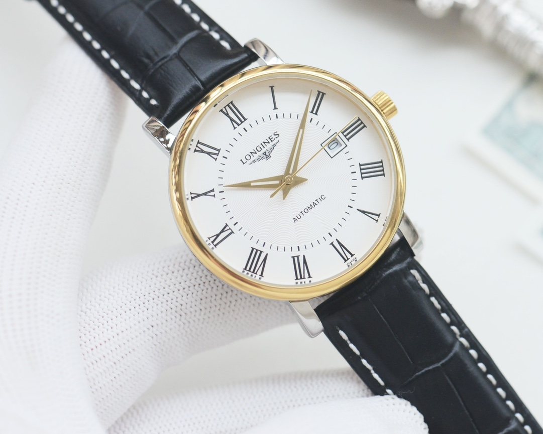 Longines Black Gold White Dial Leather Strap Watch — hero