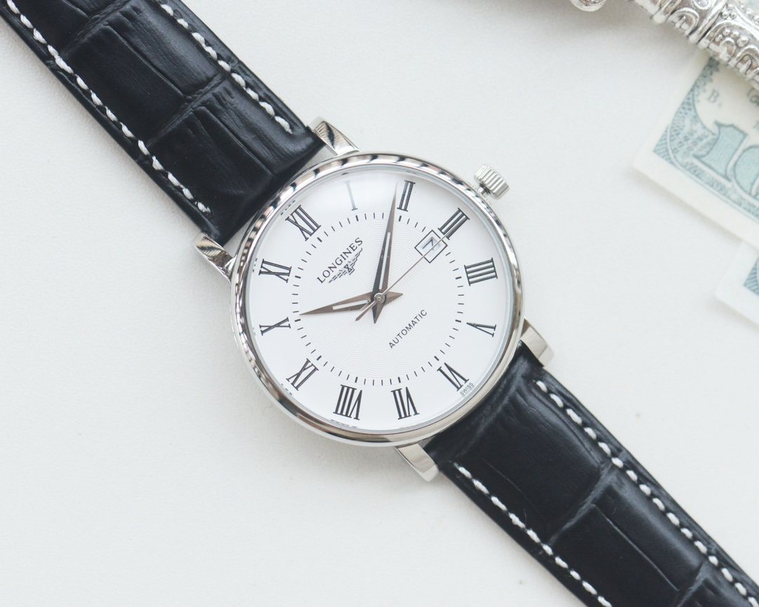 Longines Black Silver White Dial Leather Strap Watch — hero
