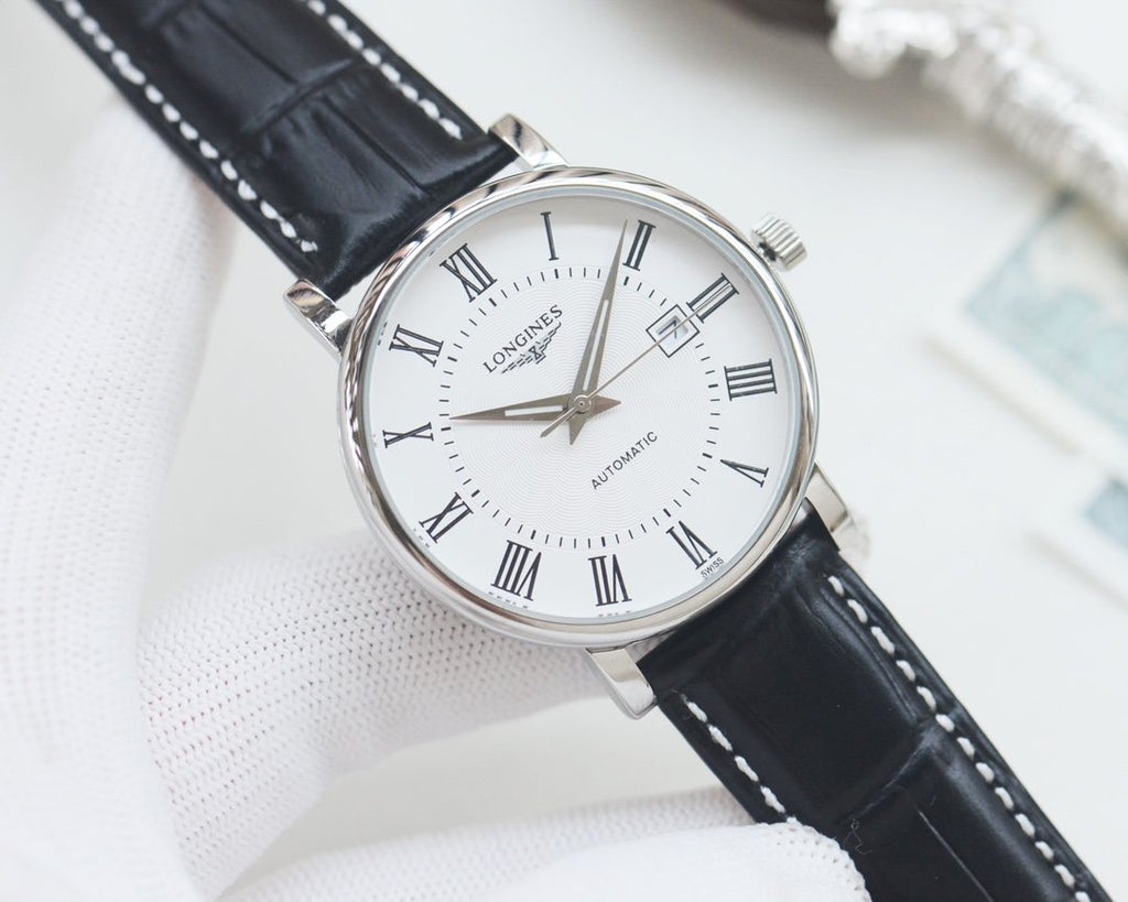 Longines Black Silver White Dial Leather Strap Watch — front