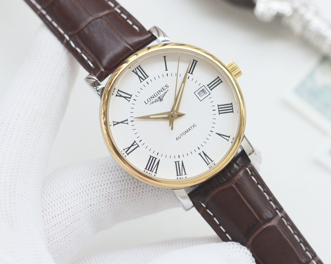 Longines Brown Gold White Dial Leather Strap Watch — hero