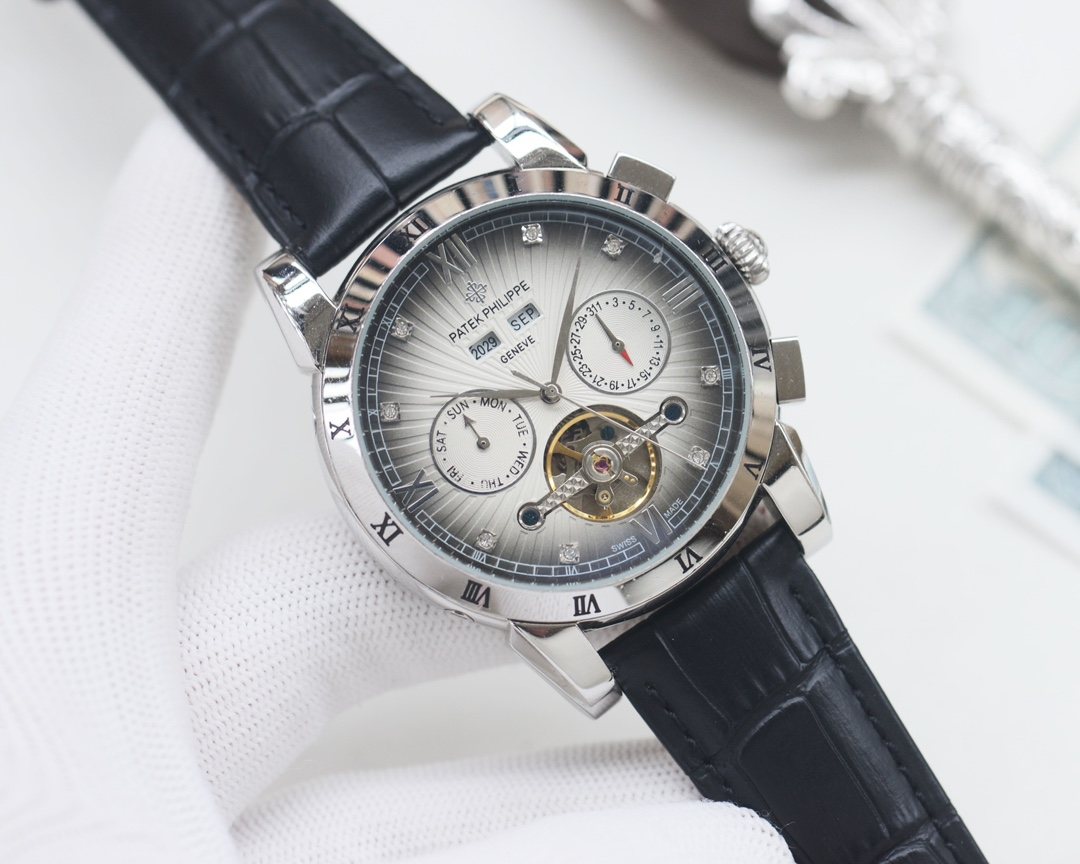 Patek Philippe Black Silver Dial Strap Watch — hero