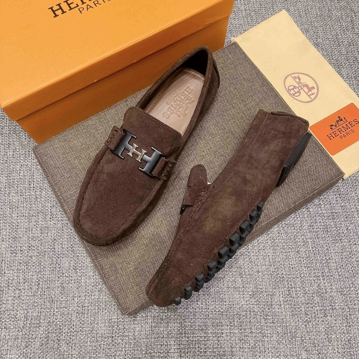 Hermès Brown Suede H Hardware Loafers — side
