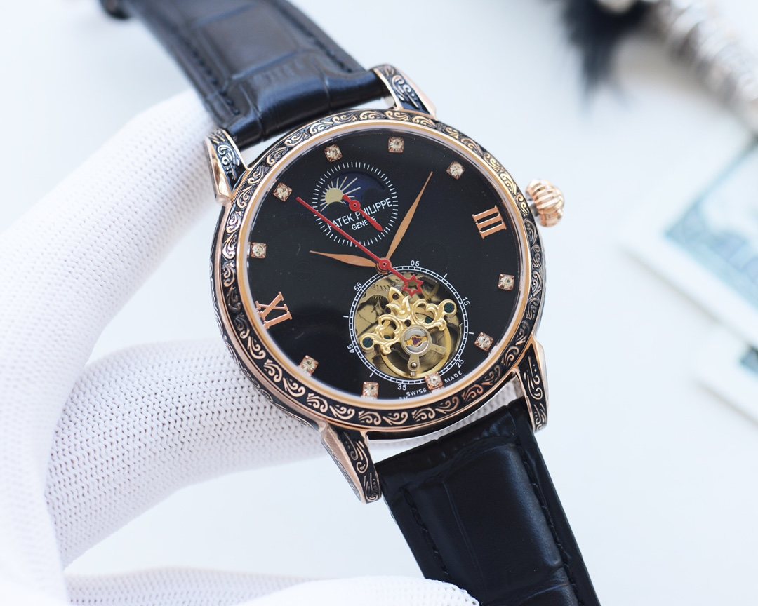 Patek Philippe Brown Rose Gold Black Dial Leather Strap Watch — hero