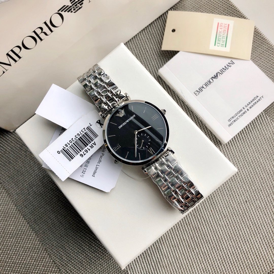 EMPORIO ARMANI Silver Black Dial Bracelet Watch — hero