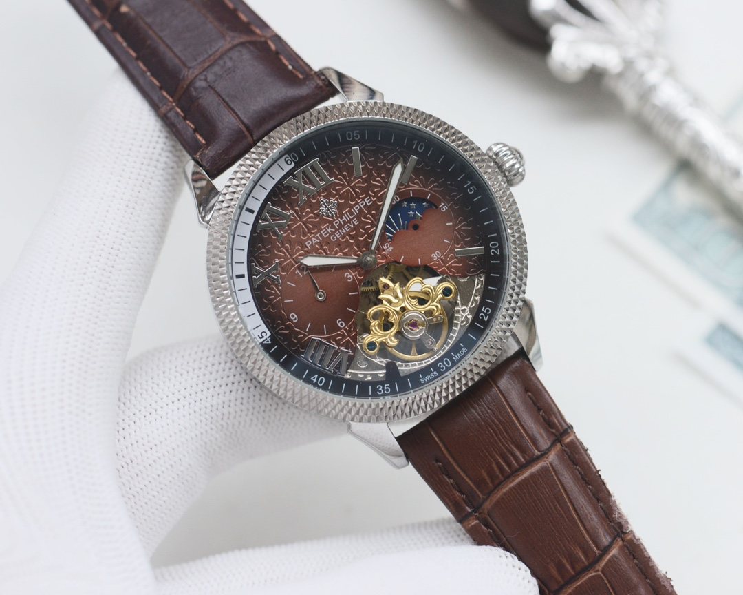 Patek Philippe Silver Brown Dial Leather Strap Watch — hero