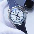 Omega Silver Blue White Dial Leather Strap Watch — hero