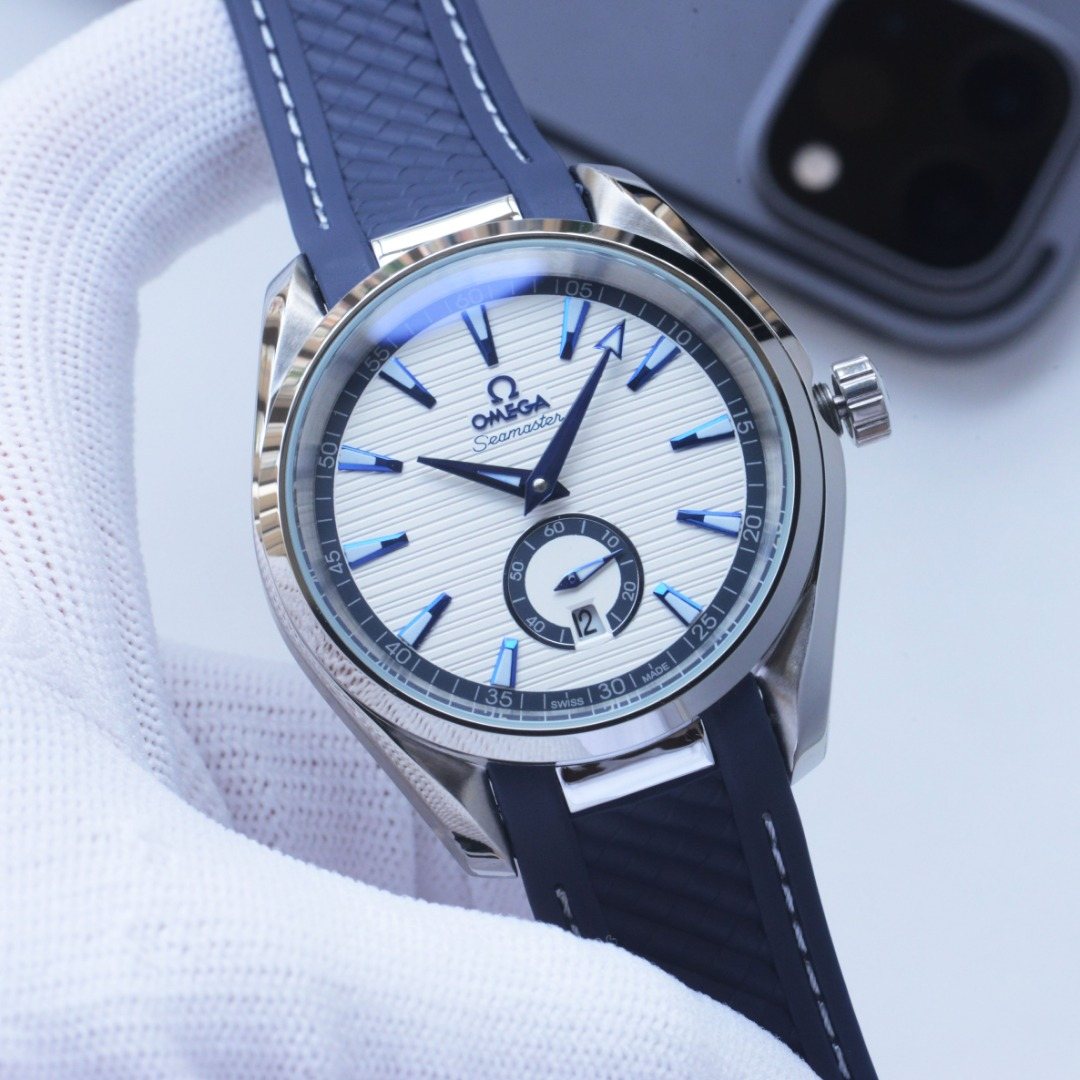 Omega Silver Blue White Dial Leather Strap Watch — hero