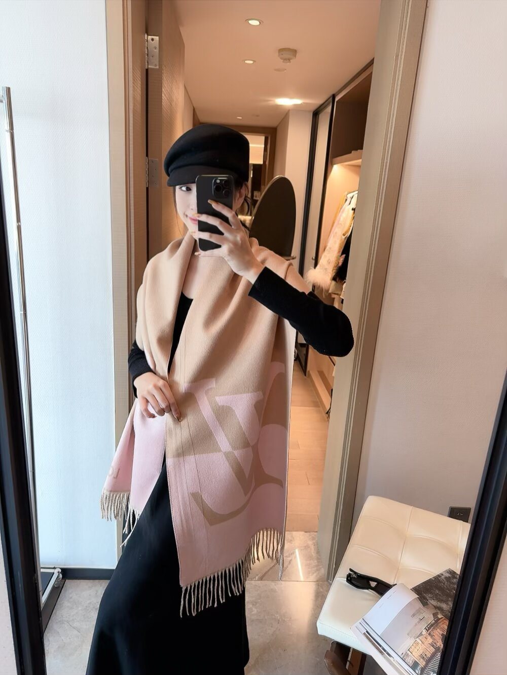 Louis Vuitton Floral Fringed Cashmere Scarf — model