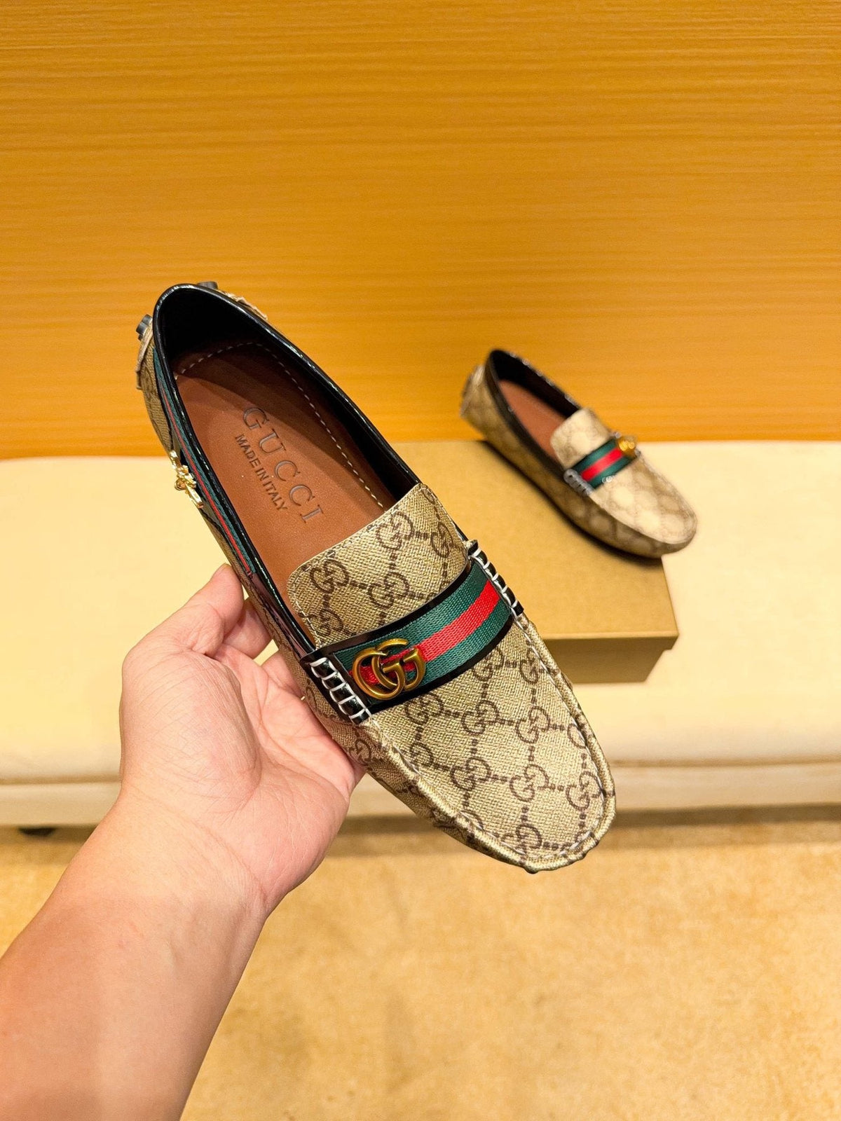 Gucci Beige Monogram Stripe Loafers — front